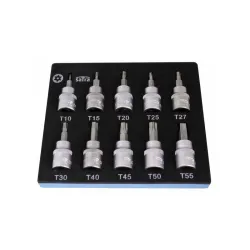 Tálcás furatos torx bit dugókulcs készlet 3/8″ T10-T55 10 részes